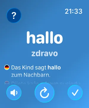 Aplikacija Watch Your Language na Apple Watchu prikazuje riječ, njezin prijevod, rečenicu primjera i tipke za slušanje, prelazak na sljedeću riječ i označavanje riječi kao naučene