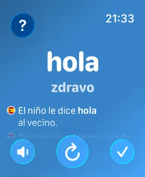 Aplikacija Watch Your Language na Apple Watchu prikazuje riječ s prijevodom i rečenicom primjera