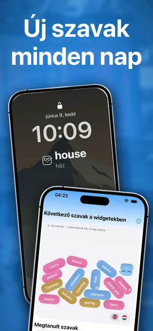 iPhone zárolási képernyő, az óra alatt szókincs-widget egy szóval és a magyar fordításával