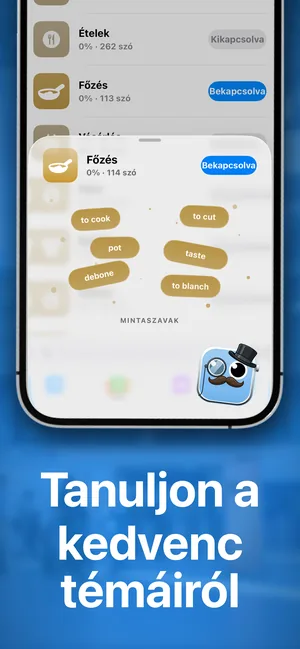 Tematikus szócsomagok az iPhone-os appban, egy bekapcsolt csomaggal és néhány mintaszóval
