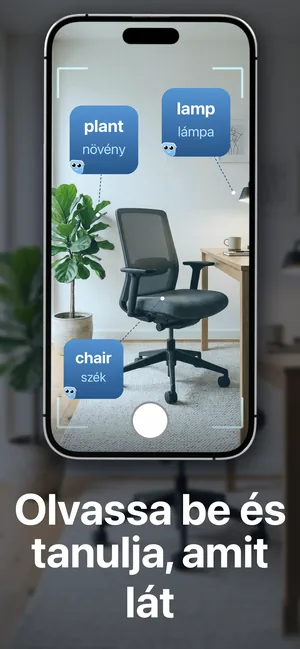 Az iPhone kamerája egy szobára irányítva, a tárgyakon a felismert szavak és magyar fordításuk