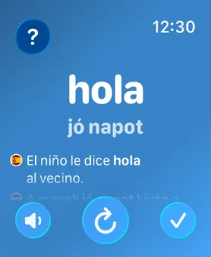 A Watch Your Language app az Apple Watchon: egy másik szó a magyar fordításával és egy példamondattal