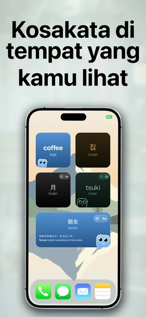 Layar Beranda iPhone dengan widget kosakata menampilkan kata-kata yang baru diimpor
