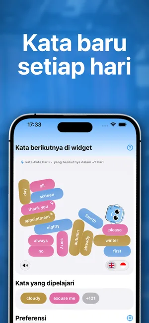 Aplikasi iPhone menampilkan kata-kata berikutnya yang akan muncul di widget dan kata-kata yang sudah dipelajari