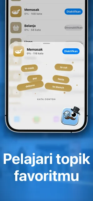 Paket topik di aplikasi iPhone, dengan Memasak diaktifkan dan contoh kata seperti to cook dan to blanch
