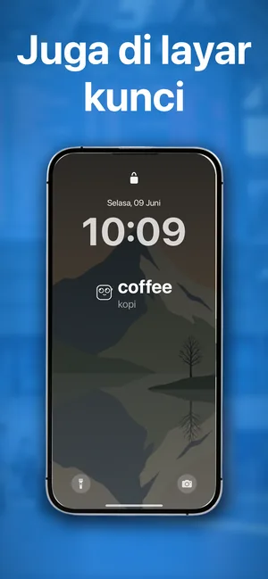 Layar Kunci iPhone dengan widget kosakata di bawah jam menampilkan coffee, kopi