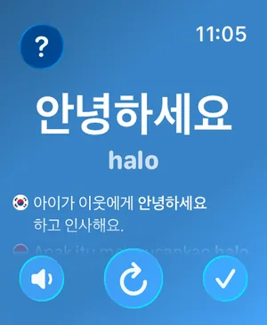 Aplikasi Watch Your Language di Apple Watch menampilkan kata bahasa Korea 안녕하세요, terjemahannya halo, contoh kalimat, dan tombol untuk mendengarkan, lanjut ke kata berikutnya, serta menandainya sebagai sudah dipelajari