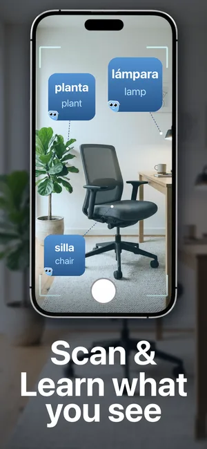 The iPhone camera pointed at a room, with the words planta, lámpara and silla labeled on the objects