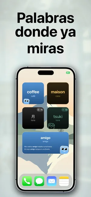 Una pantalla de inicio de iPhone con widgets de vocabulario mostrando las palabras importadas