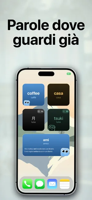 Schermata Home di un iPhone con widget di vocabolario in inglese, spagnolo, giapponese e francese, ciascuno con la traduzione in italiano