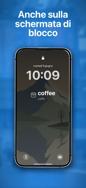 Schermata di blocco di un iPhone con un widget di vocabolario sotto l'orologio che mostra coffee, caffè