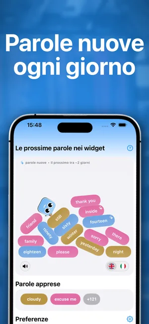 L'app per iPhone con l'elenco delle prossime parole in arrivo nei widget e le parole già imparate