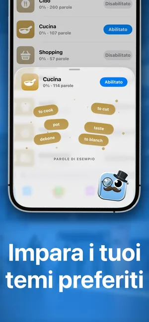 I pacchetti a tema dell'app per iPhone, con Cucina abilitato e parole di esempio come to cook e taste