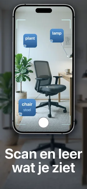 De camera van de iPhone gericht op een kamer, met de woorden plant, lamp en chair/stoel bij de voorwerpen