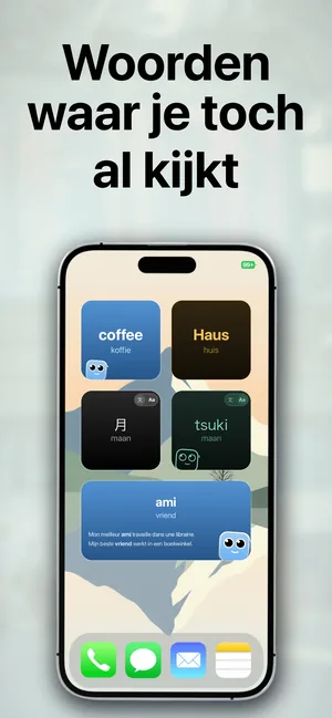 Een iPhone-beginscherm met woordenschatwidgets die de geïmporteerde woorden tonen