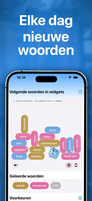 De iPhone-app met de woorden die binnenkort in de widgets verschijnen en de woorden die u al hebt geleerd