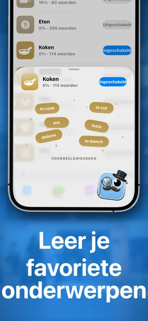 De onderwerp-pakketten in de iPhone-app, met Koken ingeschakeld en voorbeeldwoorden zoals to cook en pot