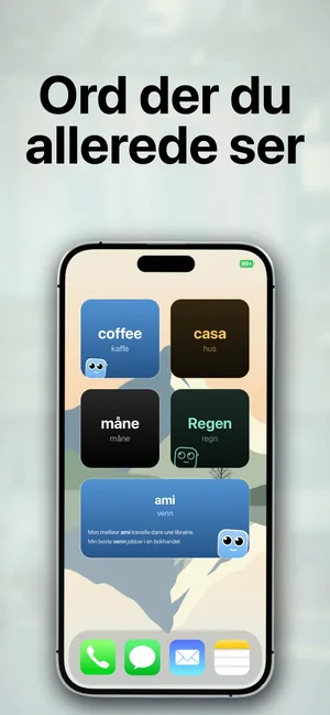 En iPhone-hjemskjerm med ordforrådswidgets som viser de importerte ordene med norsk oversettelse