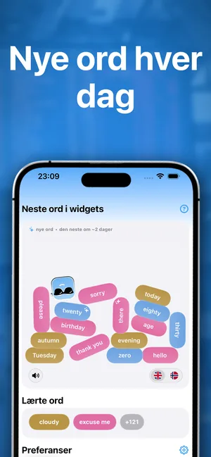 iPhone-appen som viser de neste ordene som dukker opp i widgetene og ordene som allerede er lært