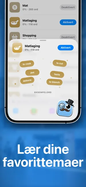 iPhone-appens emnepakker, med Matlaging aktivert og eksempelord som to cook og pot