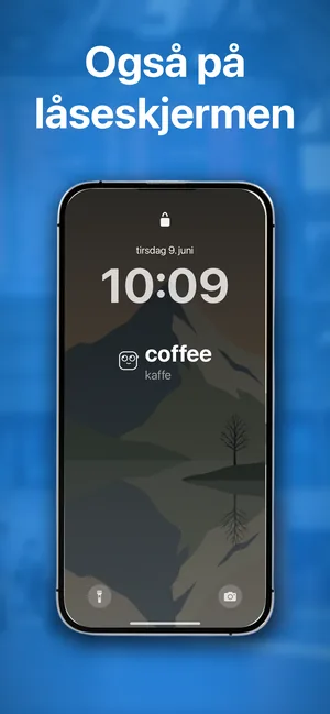 En iPhone-låseskjerm med en widget under klokka som viser coffee, kaffe