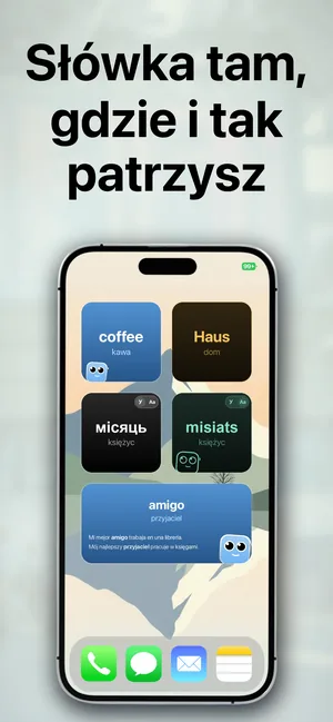 Ekran główny iPhone'a z widżetami słownictwa pokazującymi zaimportowane słowa i ich polskie tłumaczenia