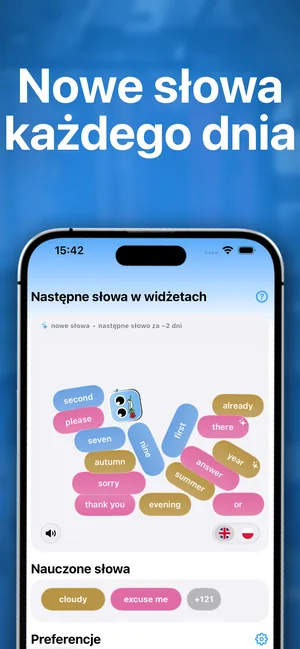 Aplikacja na iPhone pokazuje listę kolejnych słów, które pojawią się w widżetach, oraz słowa już nauczone