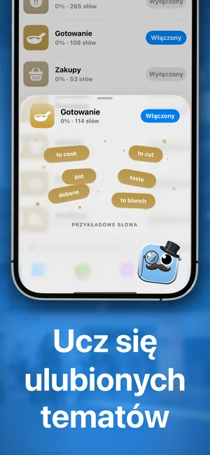 Aplikacja na iPhone pokazuje włączony zestaw tematyczny Gotowanie z przykładowymi słowami takimi jak to cook i pot