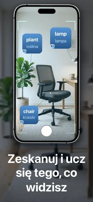 Aparat iPhone'a skierowany na pokój, z podpisanymi słowami plant, lamp i chair oraz ich polskimi tłumaczeniami roślina, lampa i krzesło
