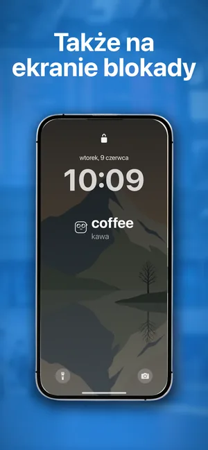 Ekran blokady iPhone'a z widżetem słownictwa pod zegarem, pokazującym coffee, kawa