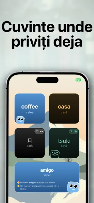 Ecranul principal al unui iPhone cu widgeturi de vocabular care afișează cuvintele importate