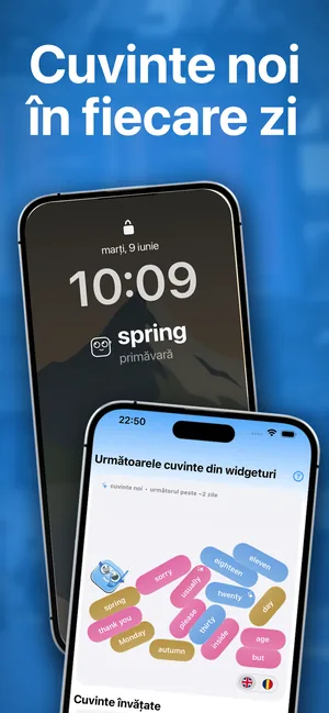 Ecranul de blocare al unui iPhone cu un widget de vocabular sub oră: un cuvânt cu traducerea lui în română