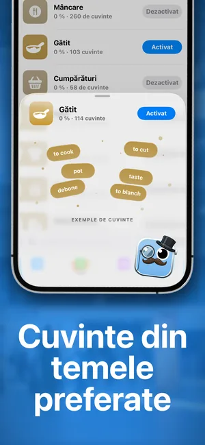 Pachetele tematice din aplicația de pe iPhone, cu un pachet activat și câteva cuvinte de exemplu