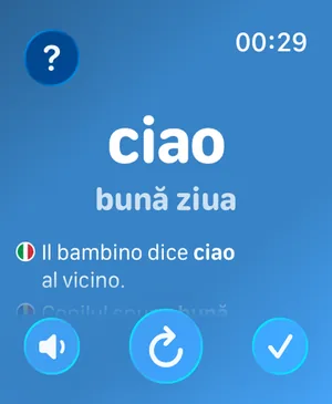 Aplicația Watch Your Language pe Apple Watch: un cuvânt cu traducerea lui în română, o propoziție de exemplu și butoane pentru a-l asculta, a trece la cuvântul următor și a-l marca ca învățat