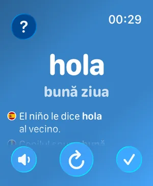Aplicația Watch Your Language pe Apple Watch: alt cuvânt cu traducerea lui în română și o propoziție de exemplu