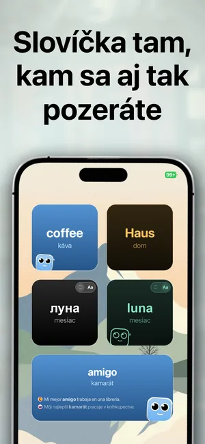 Plocha iPhonu s widgetmi so slovíčkami, ktoré ukazujú naimportované slovíčka a ich preklady