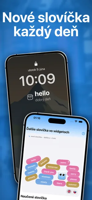 Zamknutá plocha iPhonu s widgetom so slovíčkom a prekladom pod hodinami