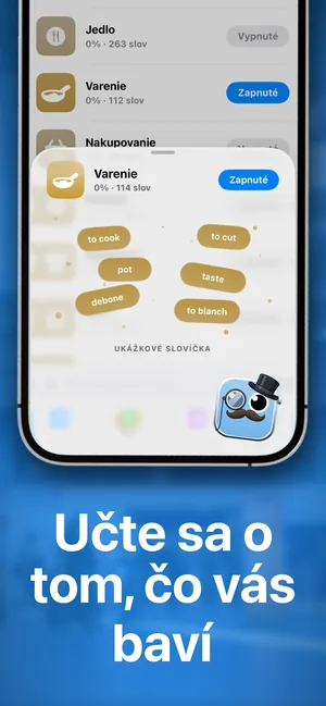 Tematické balíčky v aplikácii na iPhone s jedným zapnutým balíčkom a ukážkovými slovíčkami