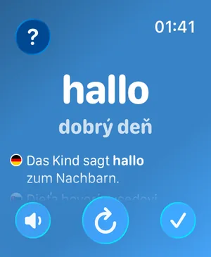 Aplikácia Watch Your Language na Apple Watch ukazuje slovíčko, jeho preklad, ukážkovú vetu a tlačidlá na prehratie, prechod na ďalšie slovíčko a označenie slovíčka ako naučeného