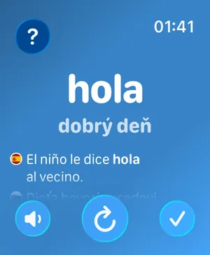 Aplikácia Watch Your Language na Apple Watch ukazuje slovíčko s prekladom a ukážkovou vetou