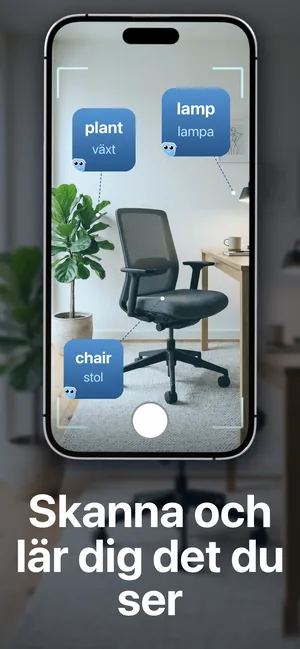 iPhone-kameran riktad mot ett rum, med orden plant, lamp och chair märkta på växten, lampan och stolen, med de svenska översättningarna växt, lampa och stol