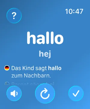 Watch Your Language-appen på Apple Watch som visar hallo, hej, en tysk exempelmening och knappar för att lyssna, gå till nästa ord och markera det som inlärt