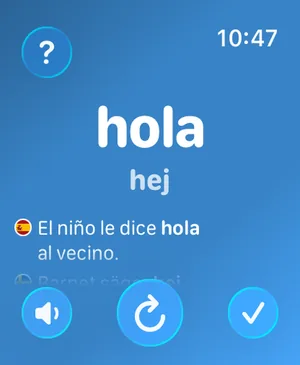 Watch Your Language-appen på Apple Watch som visar hola, hej, med en exempelmening på spanska