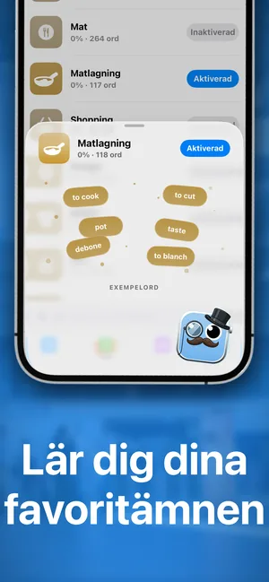 iPhone-appens ämnespaket, med Matlagning aktiverat och exempelord som to cook, pot och taste
