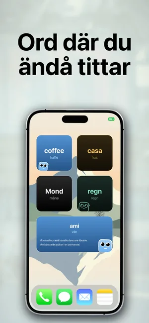 En iPhone-hemskärm med ordförrådswidgetar som visar coffee och kaffe, casa och hus, Mond och måne, samt ami och vän