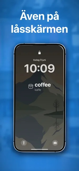 En iPhone-låsskärm med en ordförrådswidget under klockan som visar coffee, kaffe