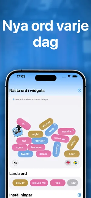 iPhone-appen som listar nästa ord i widgetarna och orden som redan är inlärda, med exempel som or, autumn och usually samt lärda ord som cloudy och excuse me