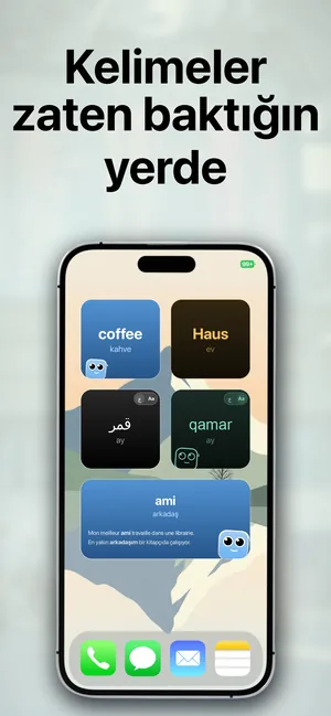iPhone ana ekranında coffee/kahve ve Haus/ev çeviri widget'ları, قمر kelimesinin Arapça yazımını ve qamar Latin harfli okunuşunu gösteren widget'lar, ve örnek cümleli bir ami/arkadaş widget'ı