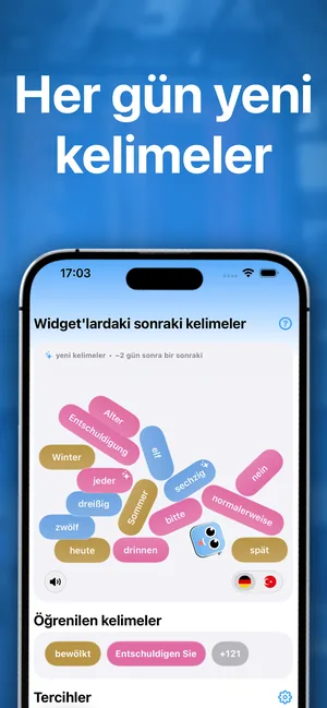 iPhone uygulamasında widget'larda sırada gelecek Almanca kelimelerin listesi ve daha önce öğrenilen kelimeler