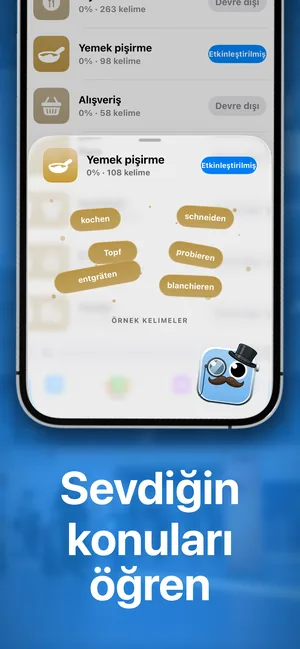 iPhone uygulamasında konu paketleri listesi, Yemek pişirme paketi etkinleştirilmiş ve kochen, Topf, probieren gibi örnek kelimeler gösteriliyor